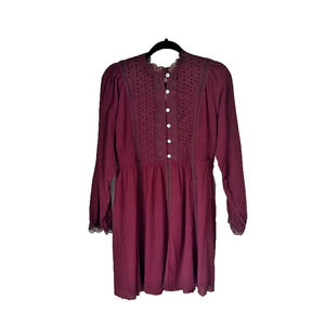 Bohme Plum Mini Dress Lace Eyelet Prairie Cottagecore Medium Long Sleeve Raw Hem
